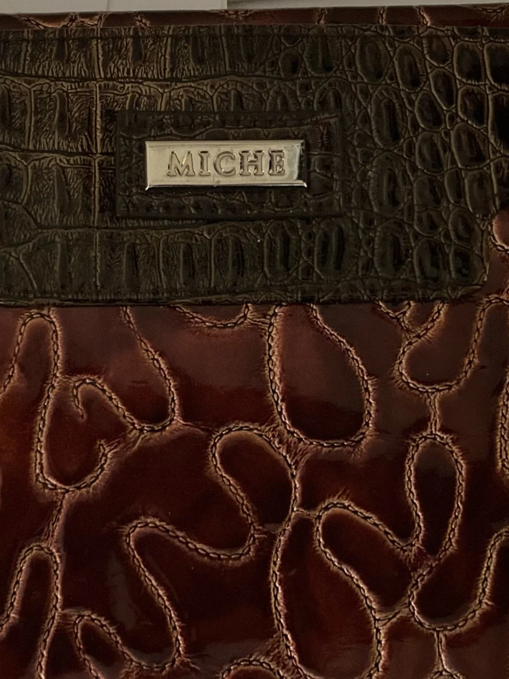Miche Men’s Wallet Clutch in Brown and Dark Brown Croc-Embossed Leather